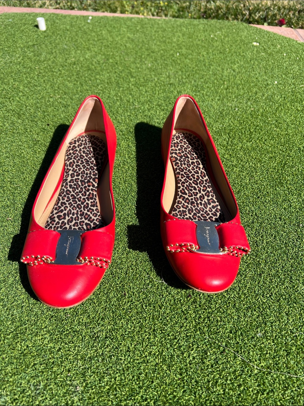 Ferragamo Women’s Red Leather Ballet Flats with Bow Accent